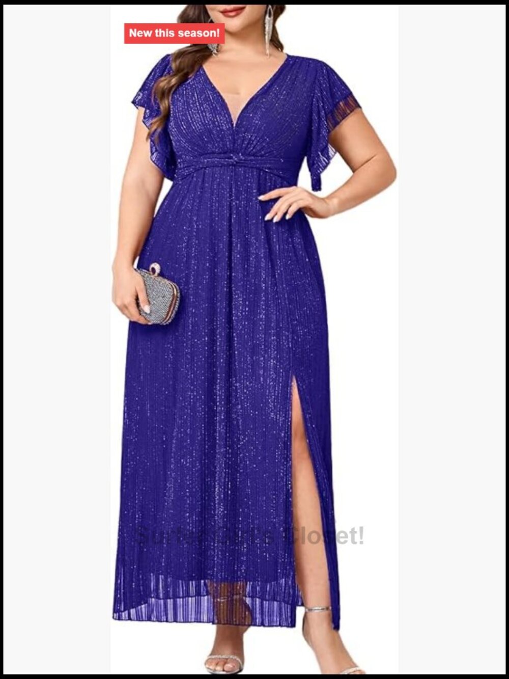 Plus Size Sparkly Formal Maxi Dress V Neck Ruffle Sleeves Slit Evening Gown